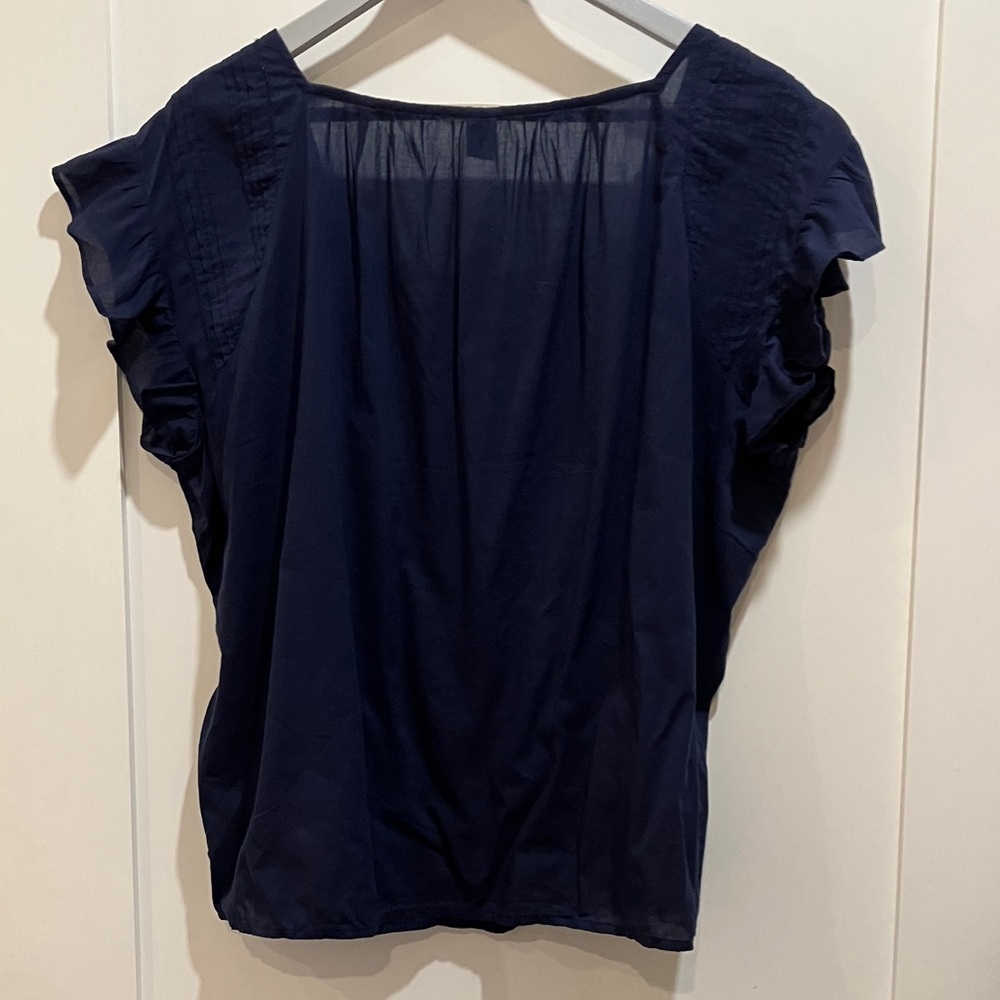 Modal / cotton Wm’s large crochet and ruffle Navy Blue short Sleeve Blouse - Picture 3 of 15